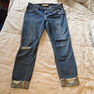 eunina Distressed Cropped Blue Denim Jeans with Rolled Hems
